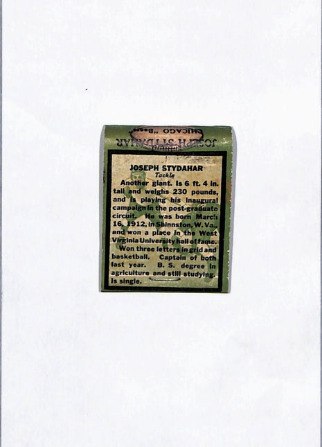 1936 Diamond Matchbook Joseph Stydahar Complete Matchbook Rc