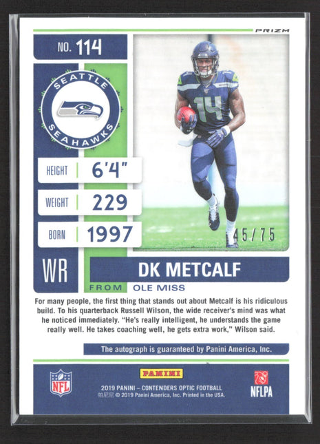 2019 Panini Contenders Optic - Rookie Ticket DK Metcalf #114 Blue /75 Auto