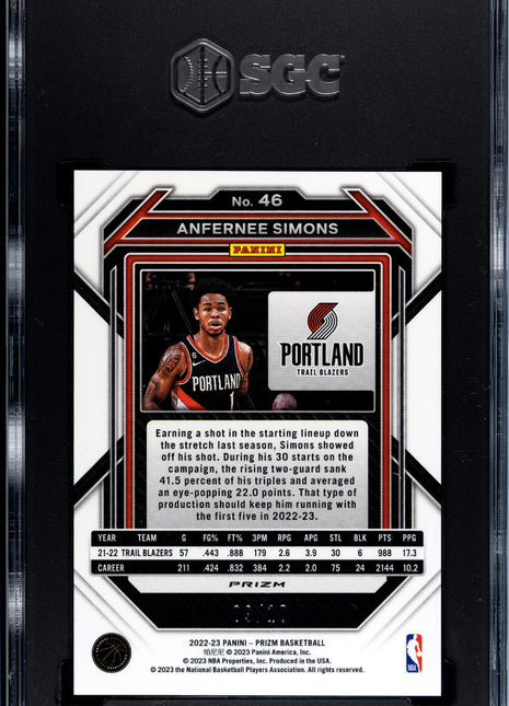 2022-23 Panini Prizm Anfernee Simons #46 SGC 10