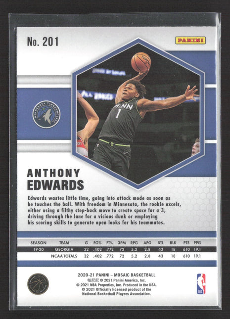 2020-21 Panini Mosaic - Rookie Anthony Edwards #201 Silver Prizm (RC)
