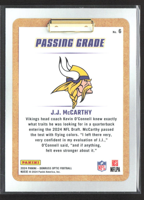 2024 Donruss Optic J.J. McCarthy Passing Grades Rc #6