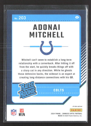 2024 Panini Donruss Optic - Rated Rookie Adonai Mitchell #203 Holo Prizm (RC)