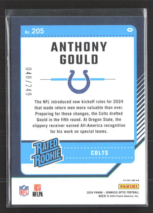 2024 Panini Donruss Optic Rated Rookie Anthony Gould #205 Orange Prizm /249 RC