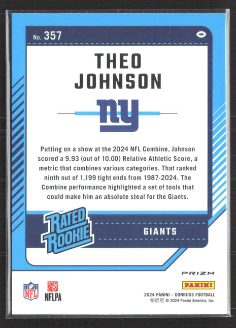 2024 Panini Donruss Rated Rookie Theo Johnson #357 Optic Preview Pink
