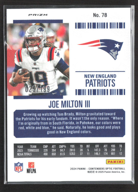 2024 Panini Contenders Optic Rookie Ticket Joe Milton III #78 Red Prizm /199