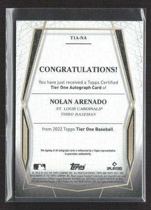 2022 Topps Tier One - Tier One Autographs Nolan Arenado #T1A-NA Silver Ink /10