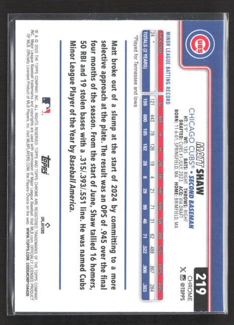 2025 Topps Chrome - Matt Shaw #219 Blue Refractor /150 (RC)