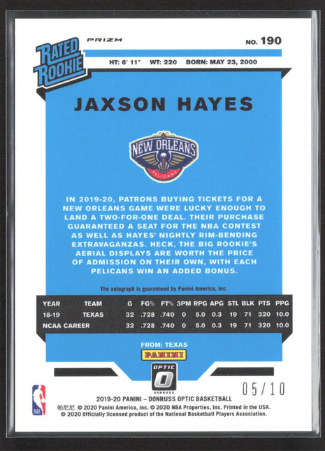 2019-20 Panini Optic Jaxson Hayes Purple Velocity Rated Rookie Auto /10 #190