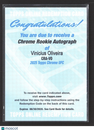 2025 Topps Chrome UFC Rookie Auto Vinicius Oliveira #CRA-VO (AU, RC)