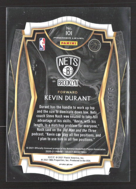 2020-21 Panini Select Premier Level Kevin Durant #101 Maroon Prizm Die-Cut /175