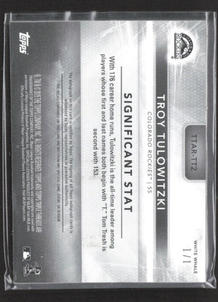 2015 Topps Triple Threads Troy Tulowitzki #TTAR-TT2 White Whale 1/1 Patch Auto