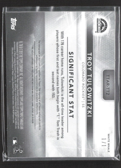 2015 Topps Triple Threads Troy Tulowitzki #TTAR-TT2 White Whale 1/1 Patch Auto