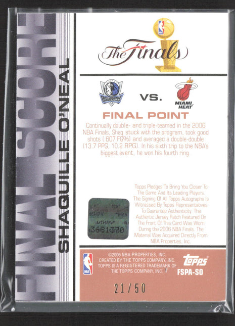 2006-07 Topps The Finals Final Score Shaquille O'Neal Finals Worn Patch Auto /50