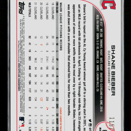 2022 Topps Chrome Shane Bieber #66 Blue Logofractor /150