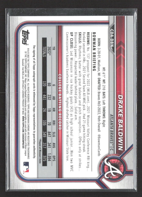 2022 Bowman Chrome Drake Baldwin 1st Chrome Auto #CDA-DBN