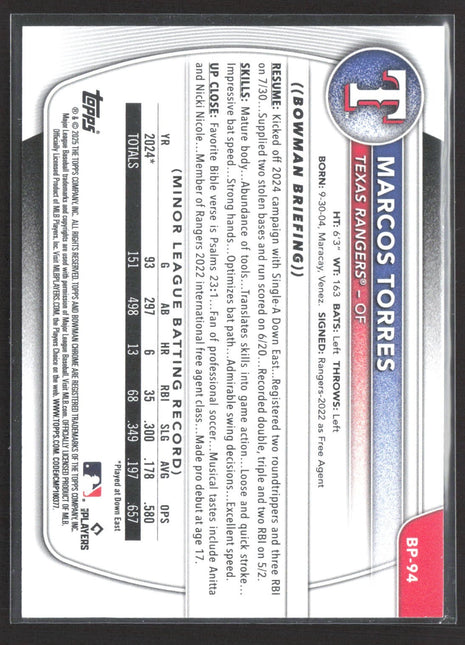 2025 Bowman - Prospects Marcos Torres #BP-94 (RC) Black /10