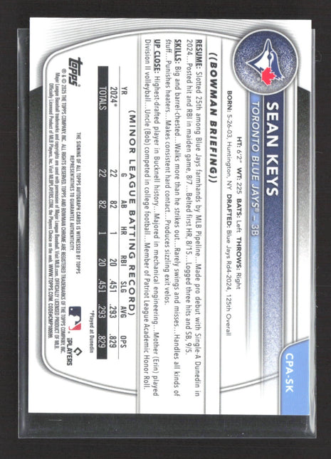 2025 Bowman Chrome Auto Sean Keys #CPA-SK Orange Shimmer Refractor /25