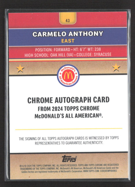 2024 Topps Chrome All American Carmelo Anthony Auto Refractor #43