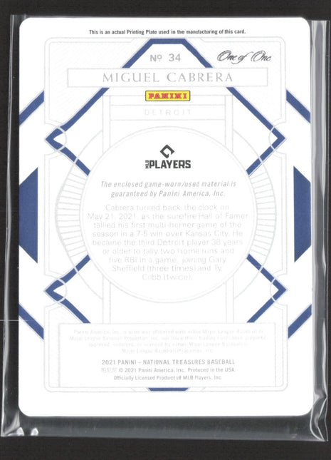 2021 Panini National Treasures Miguel Cabrera Printing Plate Patch 1/1 #34