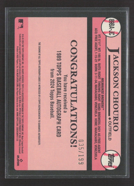2024 Topps Series 2 - 1989 Topps Auto Jackson Chourio #89BA-JC Black /199
