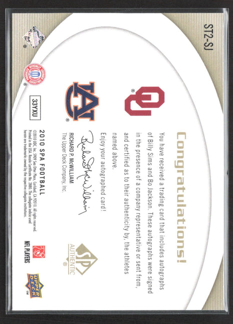 2010 Sp Authentic Sign of the Times Bo Jackson Billy Sims Auto /15 #ST2-SJ