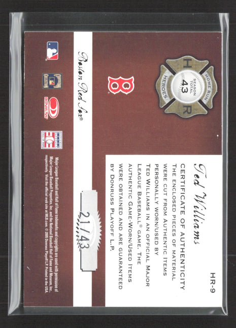 2005 Donruss Classics Ted Williams Home Run Heroes Bat Jersey /43 #HR-3