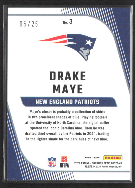 2024 Panini Optic Primary Colors Drake Maye #3 Purple Stars /25 Rc