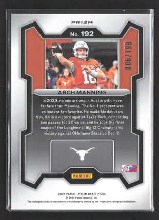 2024 Panini Prizm Draft Rated Prospect Arch Manning #192 Blue Prizm /199 (RC)