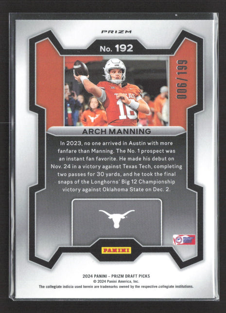 2024 Panini Prizm Draft Rated Prospect Arch Manning #192 Blue Prizm /199 (RC)