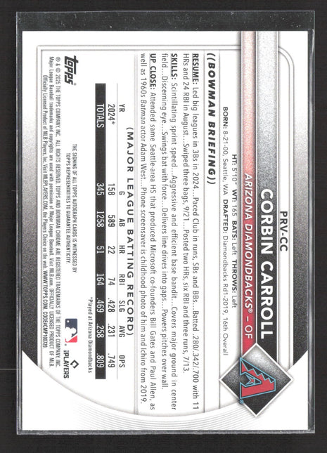 2025 Bowman Retail Autographs Corbin Carroll #PRV-CC Gold /50 Auto