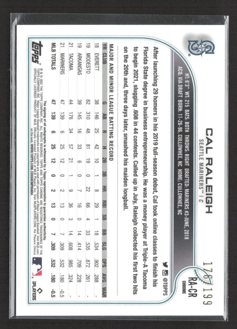 2022 Topps Chrome Rookie Auto Cal Raleigh #RA-CR Aqua Wave Refractor /199 Rc