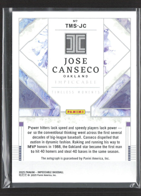 2025 Panini Impeccable Jose Canseco Timeless Moments Auto /25 #TMS-JC