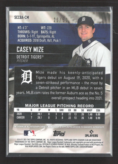 2021 Topps Stadium Club Chrome Auto Casey Mize #SCCBA-CM Gold Refractor /50