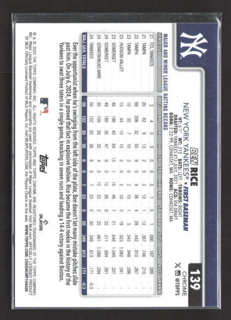 2025 Topps Chrome - Ben Rice #139 Blue Wave Refractor /150 (RC)