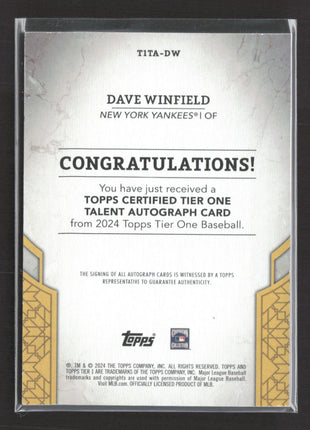 2024 Topps Tier One - Tier One Talent Autographs Dave Winfield #T1TA-DW /99 Auto