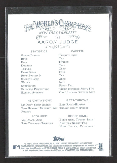 2017 Topps Allen & Ginter Aaron Judge Rc #172