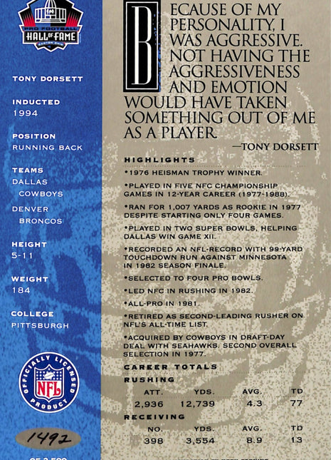 1998 NFL Hall of Fame Signature Series Tony Dorsett Auto /2500