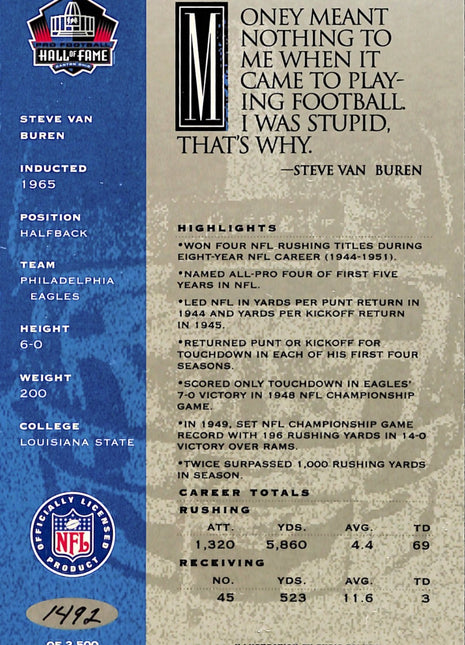 1998 NFL Hall of Fame Signature Series Steve Van Buren Auto /2500