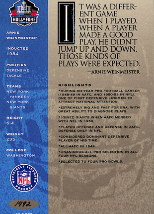 1998 NFL Hall of Fame Signature Series Arnie Weinmeister Auto /2500