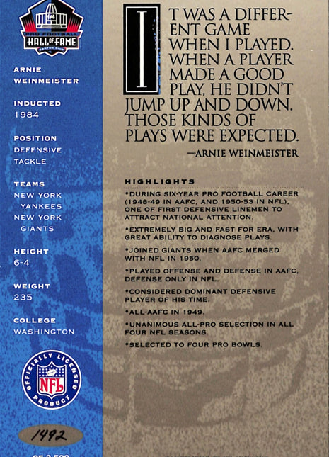 1998 NFL Hall of Fame Signature Series Arnie Weinmeister Auto /2500