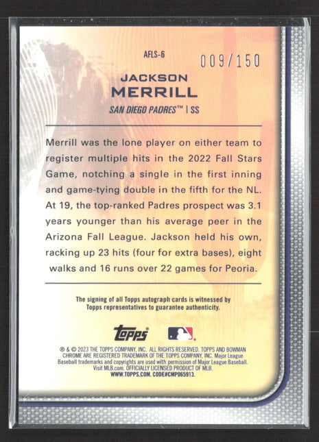 2023 Bowman Chrome - 2022 Afl Fall Stars Jackson Merrill #AFLS-6 /150 Auto