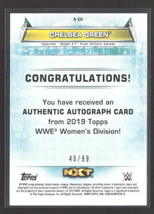 2019 Topps WWE Women's Division Chelsea Green 1st NXT Auto Purple /99 #A-CG