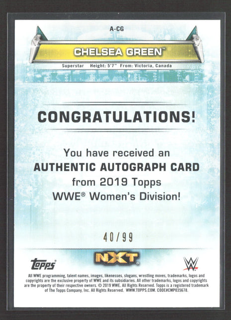 2019 Topps WWE Women's Division Chelsea Green 1st NXT Auto Purple /99 #A-CG