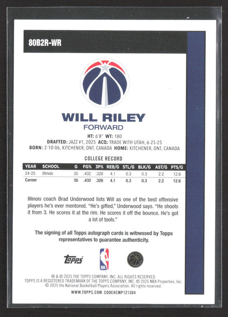2025-26 Topps - 1980-81 Topps Basketball Will Riley #80B2R-WR (RC) Gold Auto /50