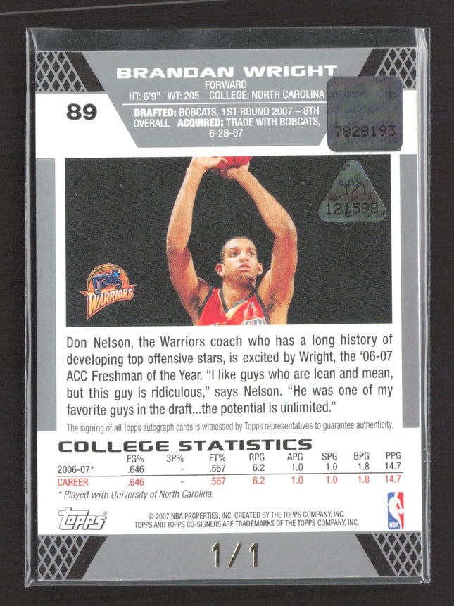 2007-08 Topps Co-signers Brandan Wright Yellow Printing Plate Auto 1/1 #89