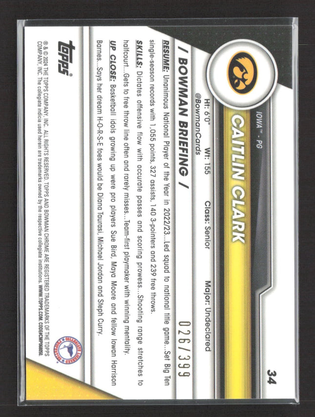 2024 Bowman University Chrome Caitlin Clark Purple Refractor /399 #34