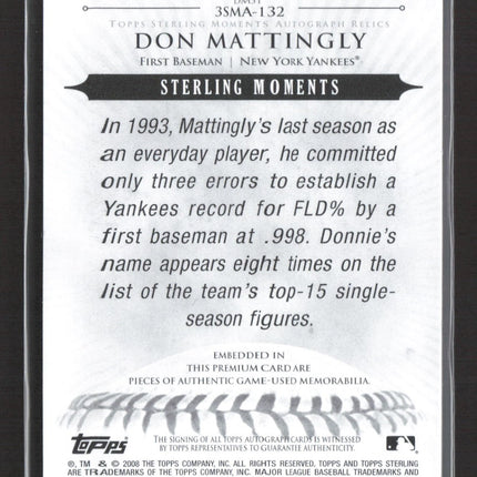 2008 Topps Sterling Don Mattingly Triple Jersey Bat Relic Auto /10 #3SMA-132