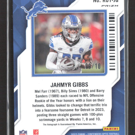 2023 Panini Contenders Optic Rc of the Year Jahmyr Gibbs #ROY-JG Gold /10 Auto