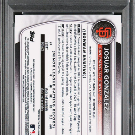 2025 Bowman Chrome Auto Josuar Gonzalez #CPAJD Speckle Refractor /299 PSA 10