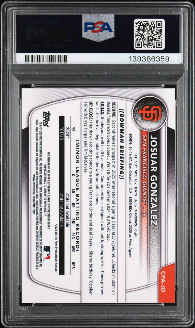 2025 Bowman Chrome Auto Josuar Gonzalez #CPAJD Speckle Refractor /299 PSA 10